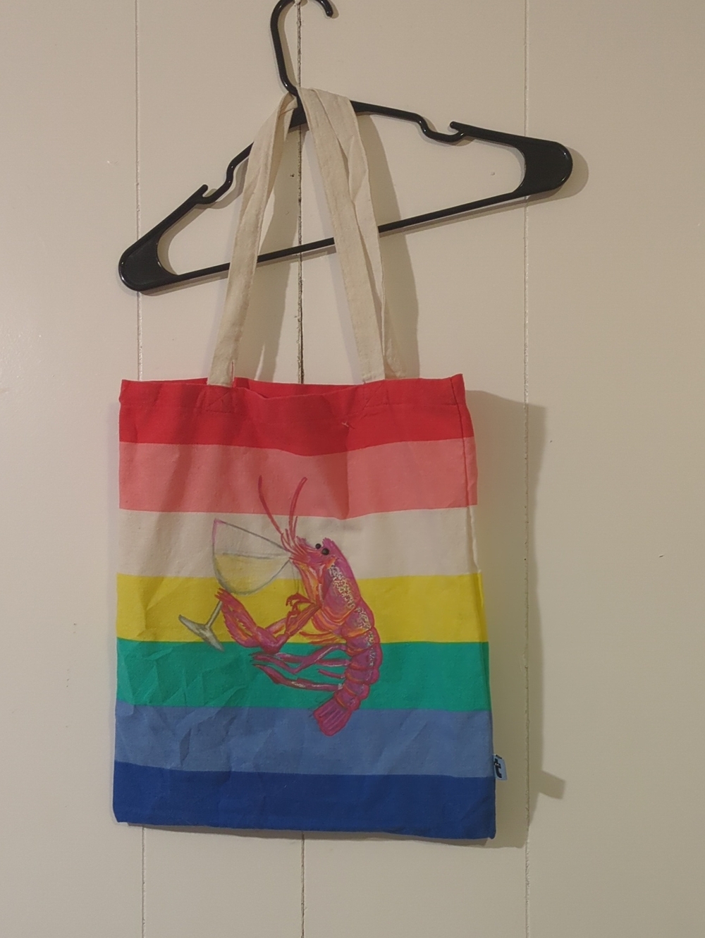 Canvas Rainbow Stripe Tote Bag with Pink Lobster Print
